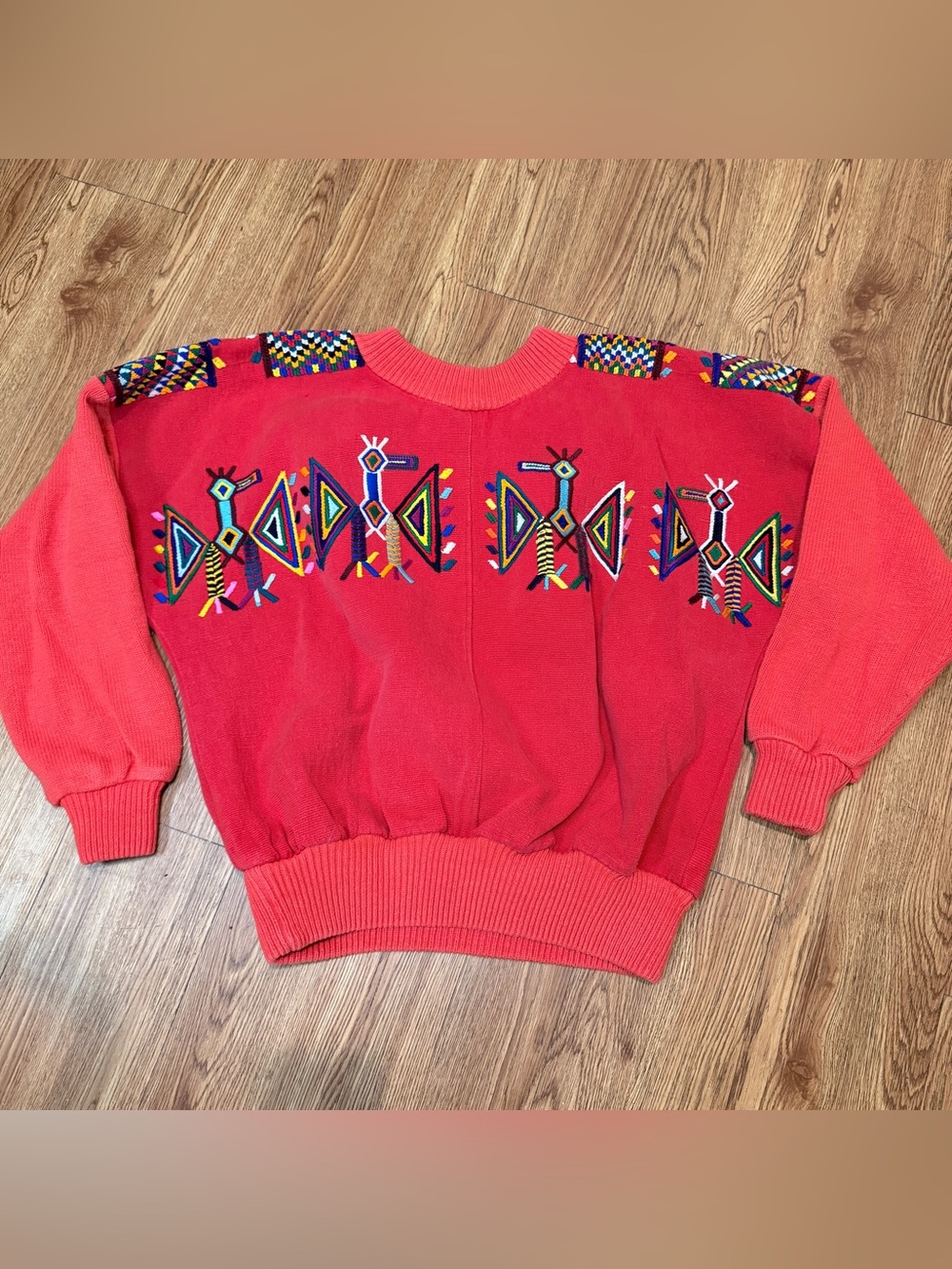 Dona Cristina Hand-Woven Artwear Red Embroidered Geometric Crewneck Sweater